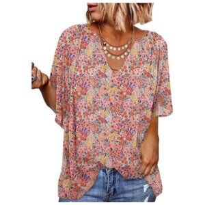 Casual V Neck Loose 3/4 Bell Sleeve Chiffon Blouse Shirt